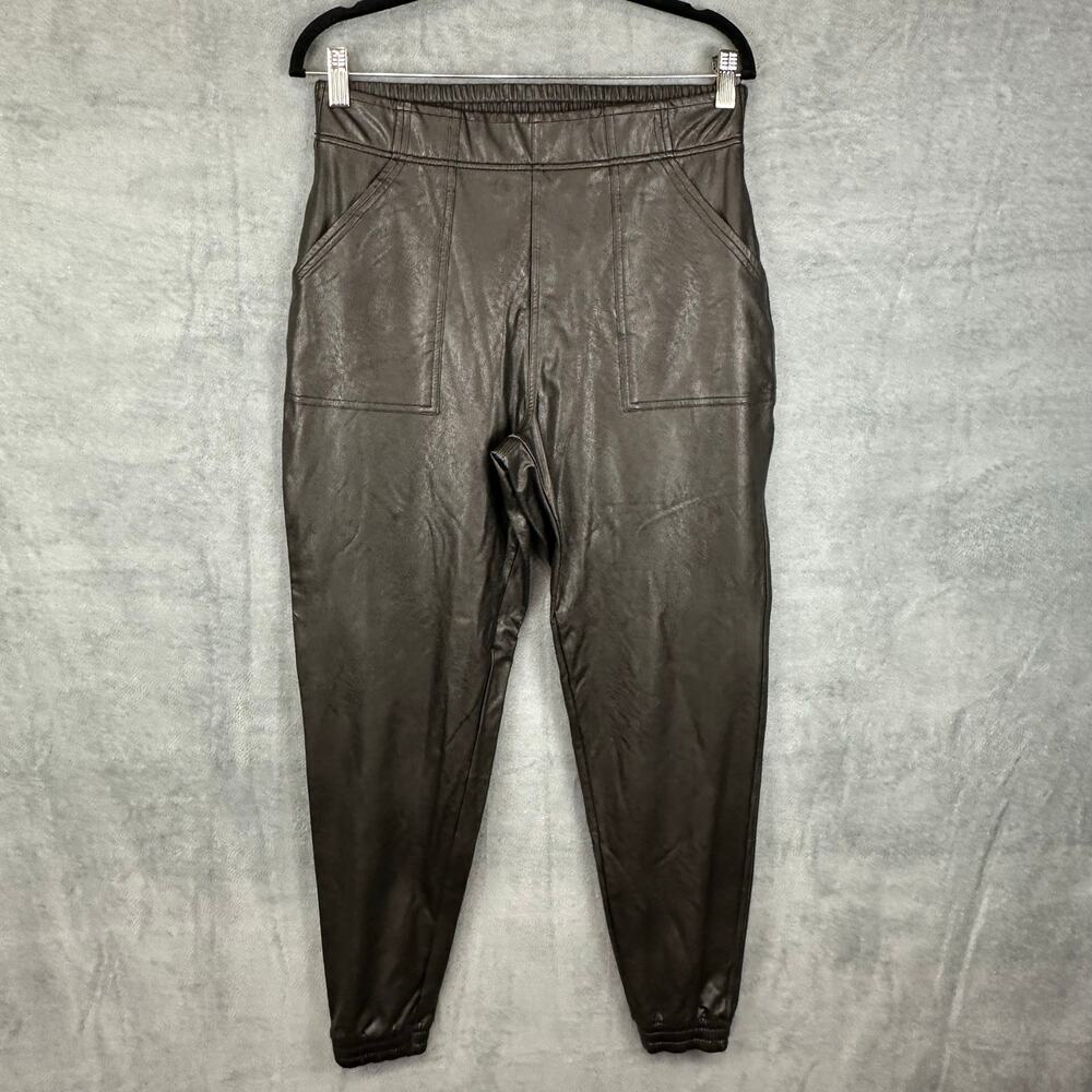 Spanx Pants Women Medium Black Vegan Leather Pullon Jogger Elastic Waist Pockets